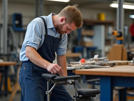 A craftsman carefully assembling an ergonomic chair.