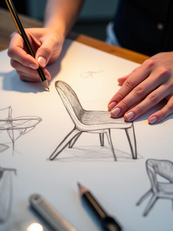 A designer's hand sketching the ergonomic curve of a chair.